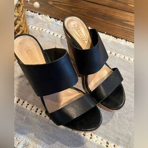 Schutz Black Women's Wedge Sandals with cork heels, size 7.5, summer, GUC